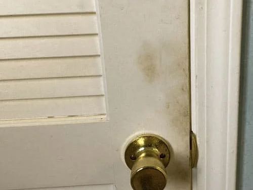 Door and frame marked and grubby before cleaning